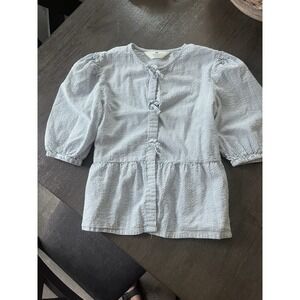 H&M Girls' Blue and White Striped Tie-detail Puff-sleeved Blouse Size 16